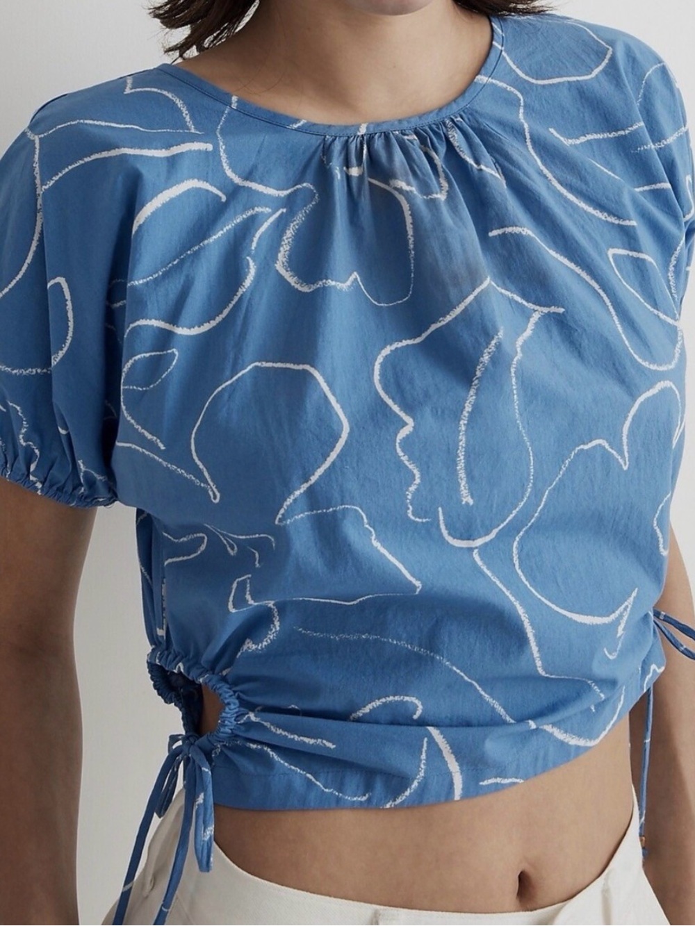 blue Madewell Poplin Puff Sleeve Cutout Crop Top size small could fit medium